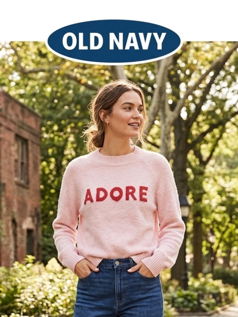 Old Navy Pink Crewneck Sweater with Red 'ADORE' Lettering